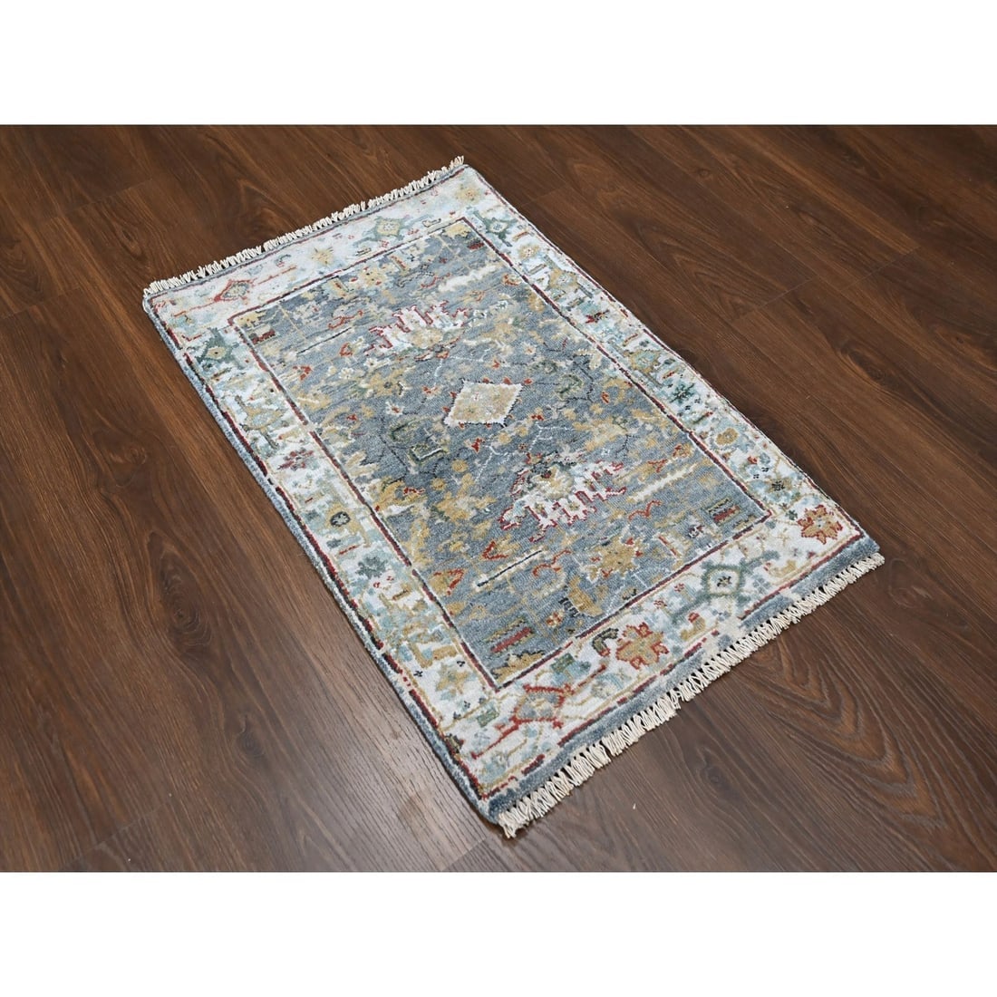 Blue Organic Wool Broken and Erased Persian Heriz Hand Knotted Mat Rug - 2
