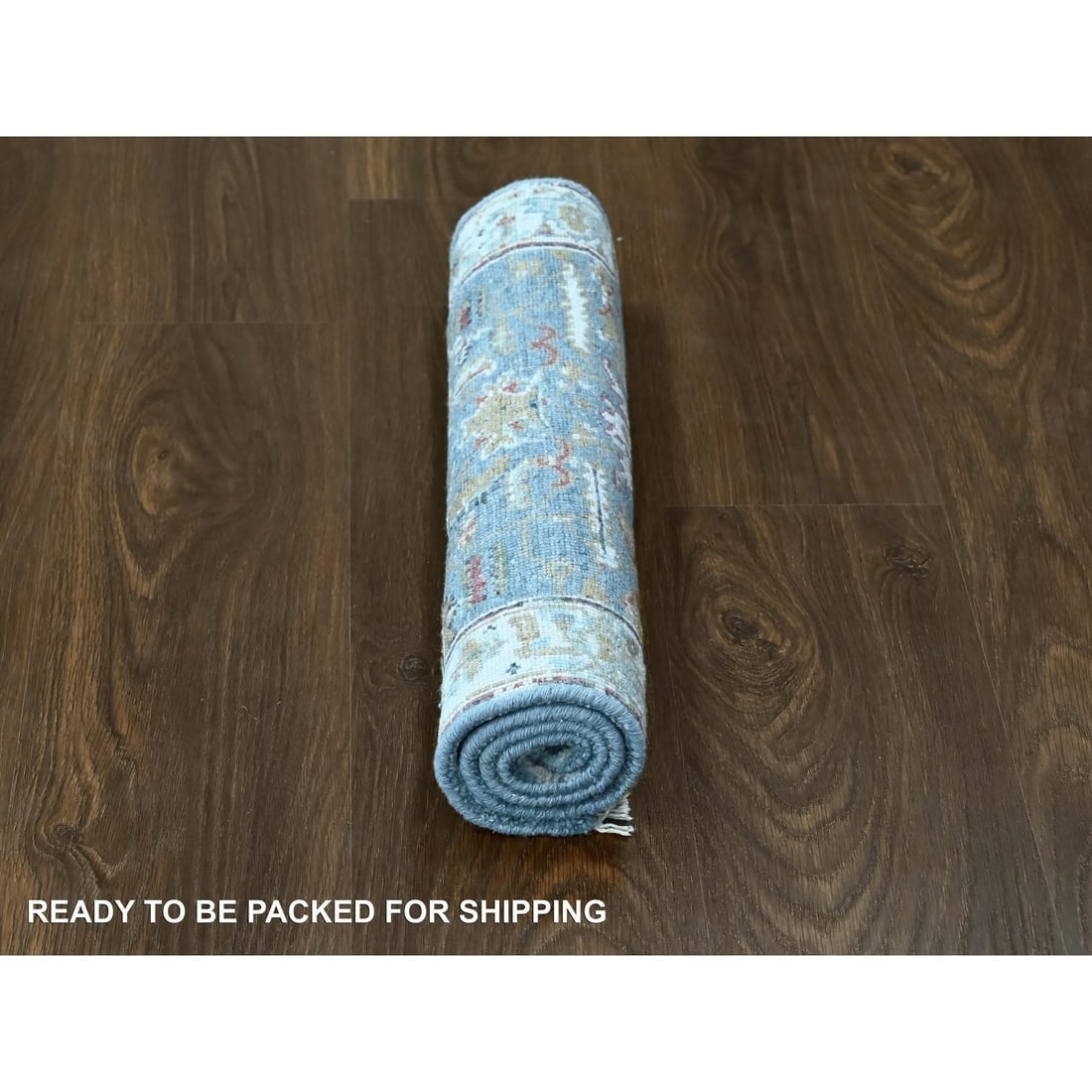 Blue Organic Wool Broken and Erased Persian Heriz Hand Knotted Mat Rug - 5