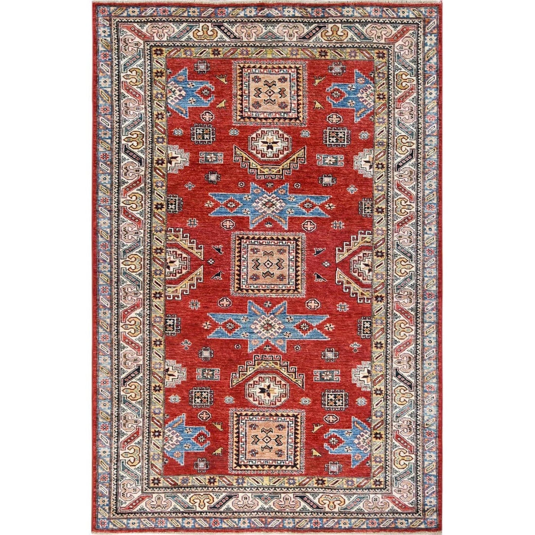 Hand Knotted Rich Red Afghan Super Kazak Pure Wool Oriental Rug: Title: Hand Knotted Rich Red Afghan Super Kazak Pure Wool Oriental Rug Description:This is a truly genuine one-of-a-kind. It has been Knotted for months and months in the centuries-old weaving