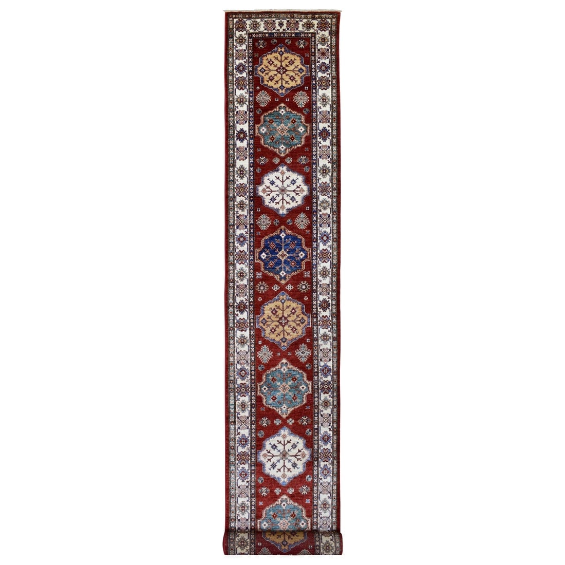 Deep Red Super Kazak with Tribal Medallions Hand Knotted Wool Rug: Title: Deep Red Super Kazak with Tribal Medallions Hand Knotted Wool Rug Description:This is a truly genuine one-of-a-kind. It has been Knotted for months and months in the centuries-old weaving