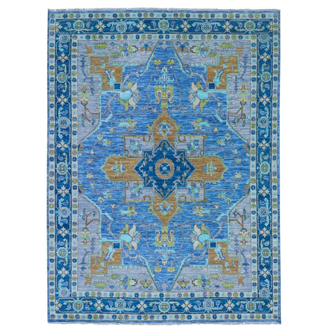 Blue, Heriz Design, Soft to the Touch, Hand Knotted, 100% Wool, Rug: Title: Blue, Heriz Design, Soft to the Touch, Hand Knotted, 100% Wool, Rug Description:This is a truly genuine one-of-a-kind. It has been Knotted for months and months in the centuries-old weaving