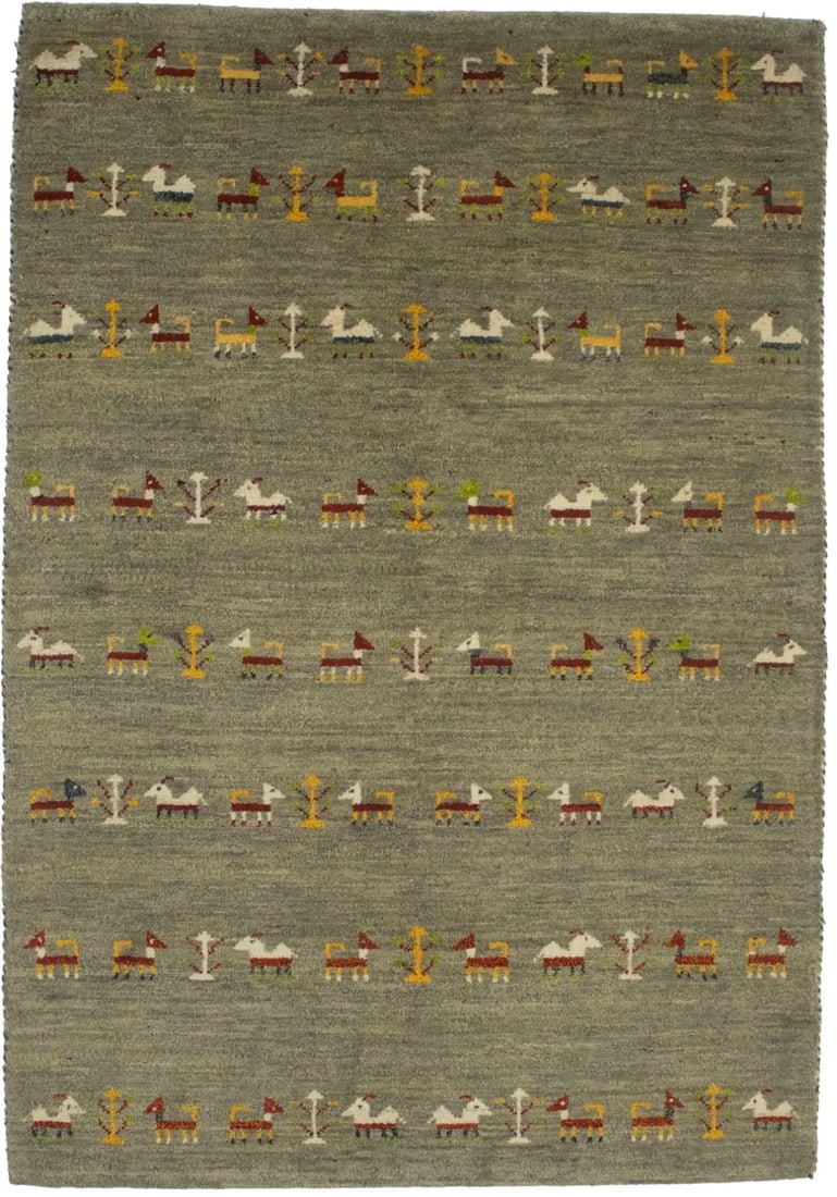 Bronwish Gray Tribal 4X6 Indo-Gabbeh Oriental Rug: Title: Bronwish Gray Tribal 4X6 Indo-Gabbeh Oriental Rug Description:Hand Knotted 4X6 gray rug made with natural dyes (fine wool pile and cotton foundation), superior knot count, and alluring ancient