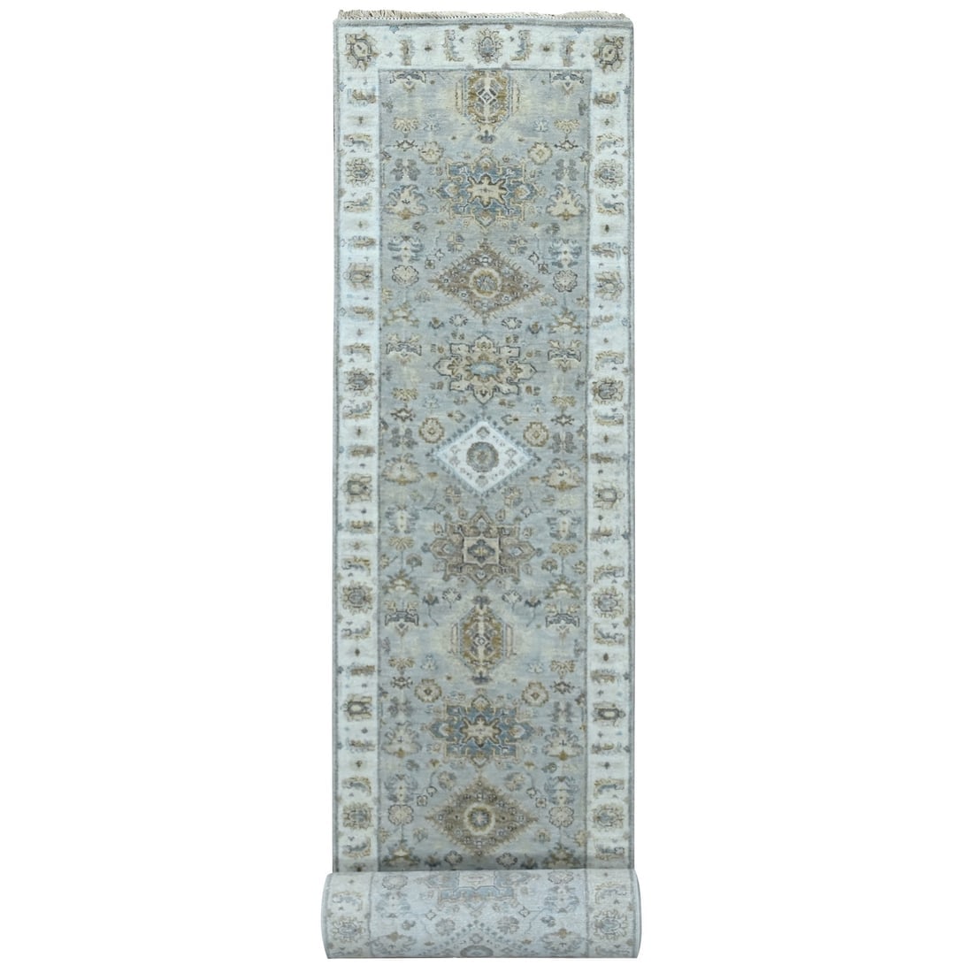 Gray Karajeh and Geometric Design Natural Wool Hand Knotted Runner Rug: Title: Gray Karajeh and Geometric Design Natural Wool Hand Knotted Runner Rug Description:This is a truly genuine one-of-a-kind. It has been Knotted for months and months in the centuries-old weaving
