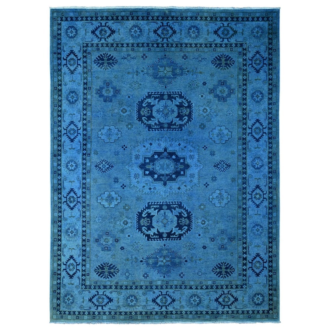 Bayern Blue Hand Knotted Overdyed Kazak Medallions Design All Wool Rug: Title: Bayern Blue Hand Knotted Overdyed Kazak Medallions Design All Wool Rug Description:This is a truly genuine one-of-a-kind. It has been Knotted for months and months in the centuries-old weaving