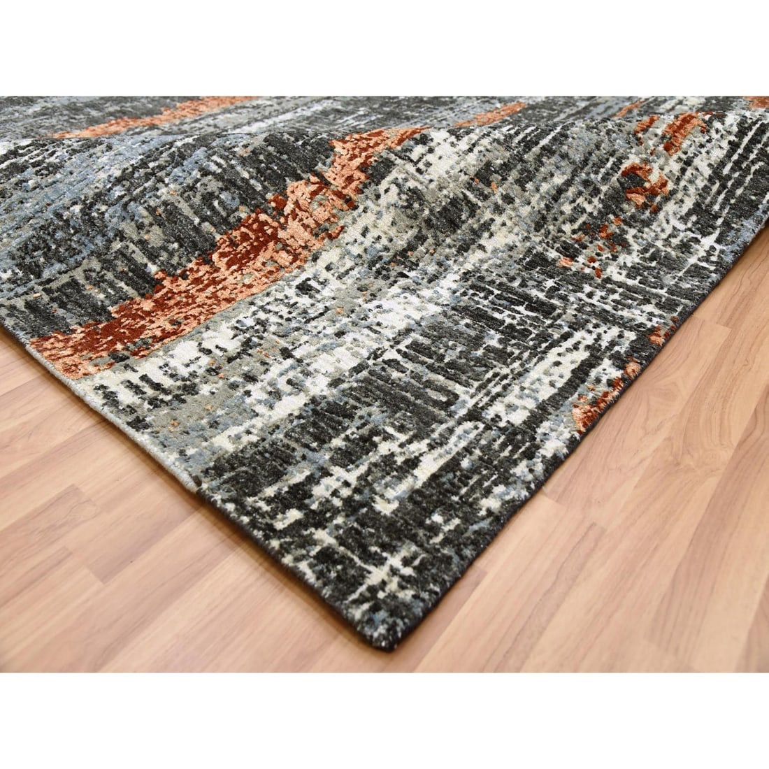 Deep Space Gray, Natural Wool Hand Knotted, Abstract Design Rug - 7