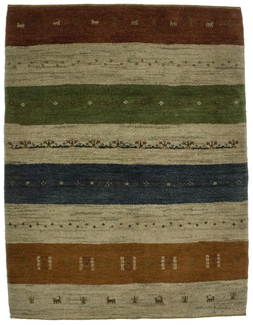 Multicolored Stripes 4X5 Gabbeh Persian Rug: Title: Multicolored Stripes 4X5 Gabbeh Persian Rug Description:Our Gabbeh collection is inspired by timeless, tribal designs. Each of these magnificent rugs is crafted using a hand-knotted