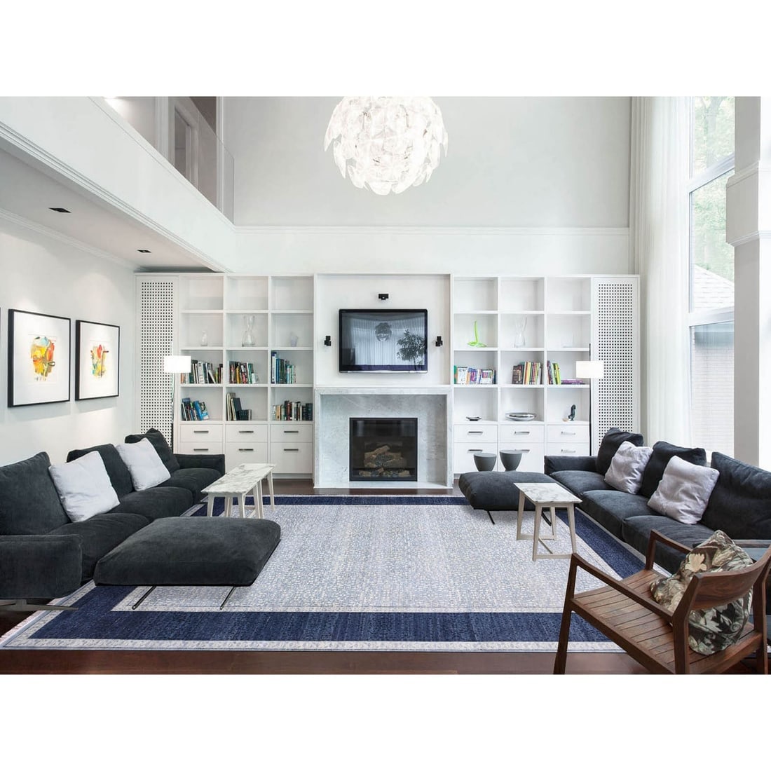 Blue, Modern Design, Pure Wool Hand Knotted Oversized Oriental Rug - 2