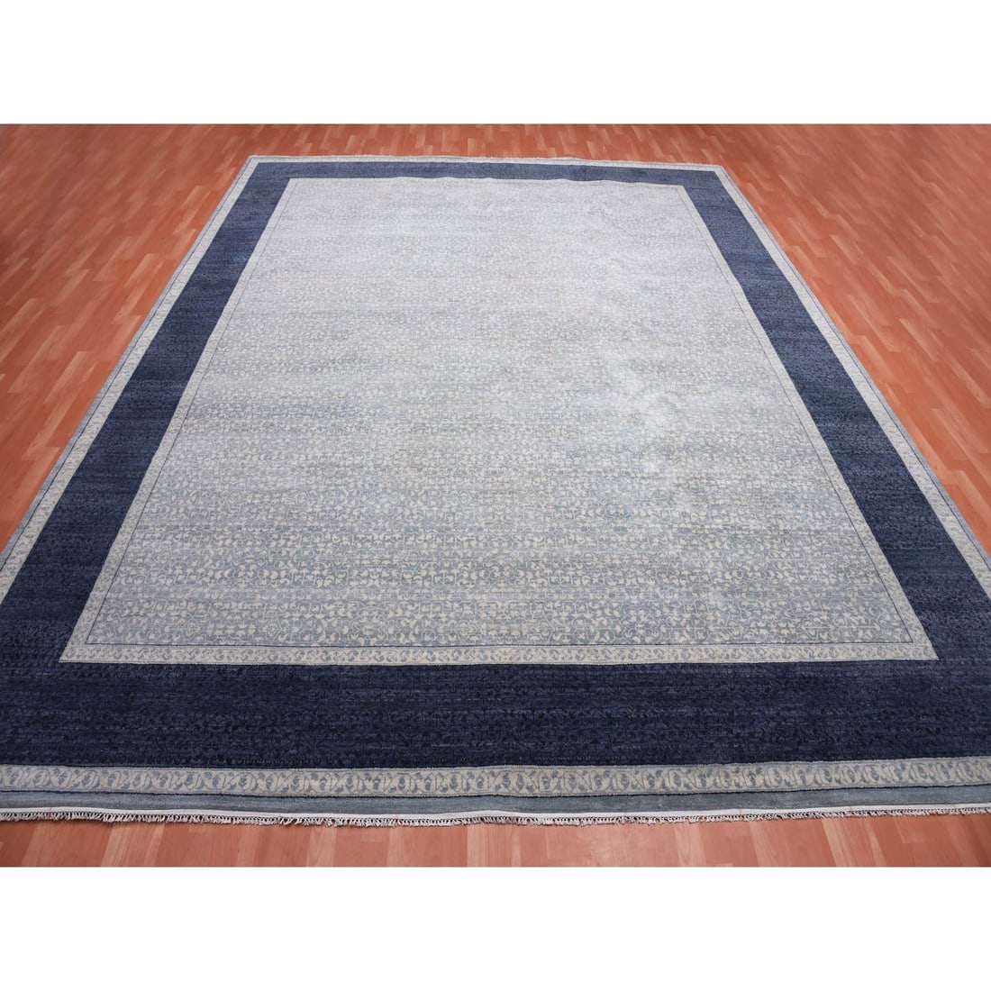 Blue, Modern Design, Pure Wool Hand Knotted Oversized Oriental Rug - 3