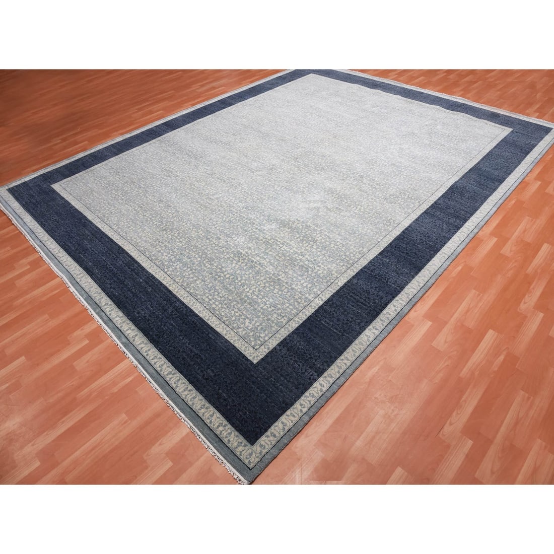 Blue, Modern Design, Pure Wool Hand Knotted Oversized Oriental Rug - 4