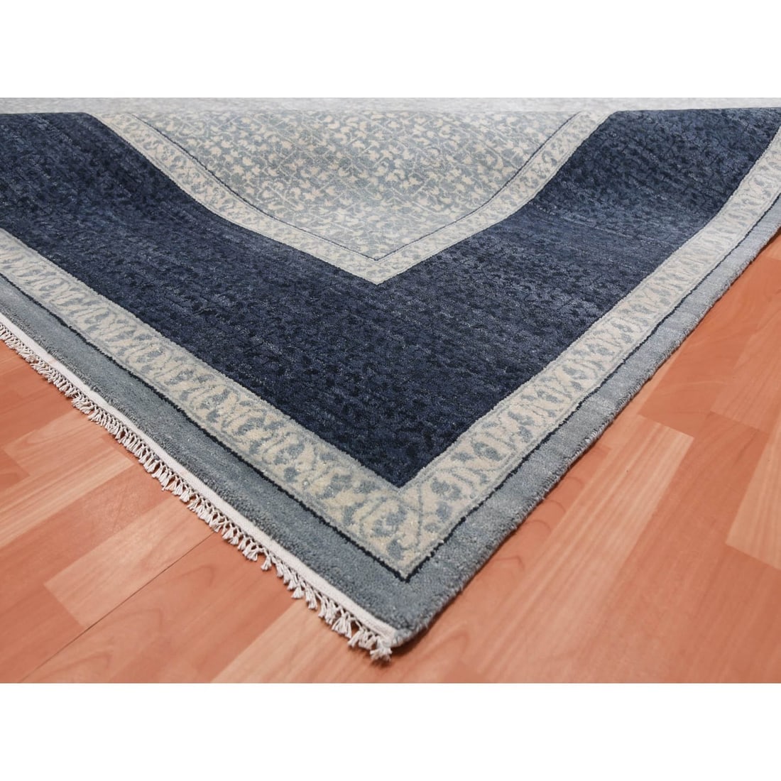 Blue, Modern Design, Pure Wool Hand Knotted Oversized Oriental Rug - 7