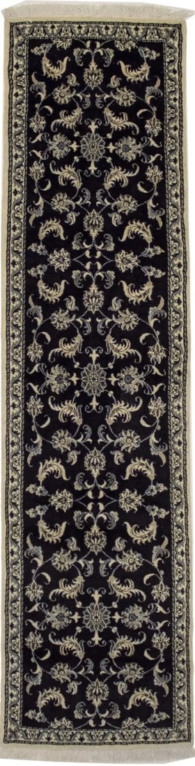 Navy Blue Classic 2'5X10 Nain Kashmar Persian Runner Rug: Title: Navy Blue Classic 2'5X10 Nain Kashmar Persian Runner Rug Description:Handmade Persian runner made with natural dyes (fine wool pile and cotton foundation), superior knot count, and alluring