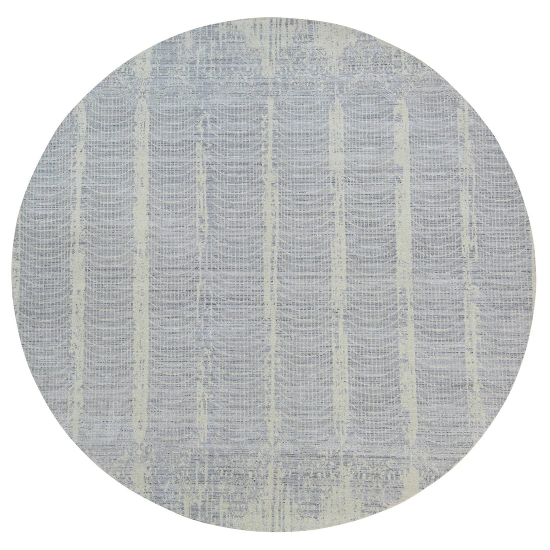 Gray, Wool And Plant Based Silk, Jacquard Hand Loomed, Round, Rug: Title: Gray, Wool And Plant Based Silk, Jacquard Hand Loomed, Round, Rug Description:This is a truly genuine one-of-a-kind. It has been Knotted for months and months in the centuries-old weaving