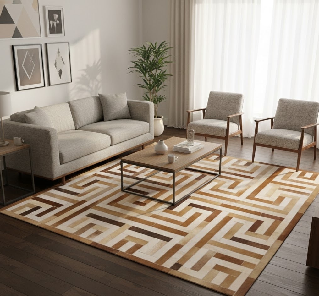 Brown Beige Cowhide 6X6 Modern Leather Square Rug - 2