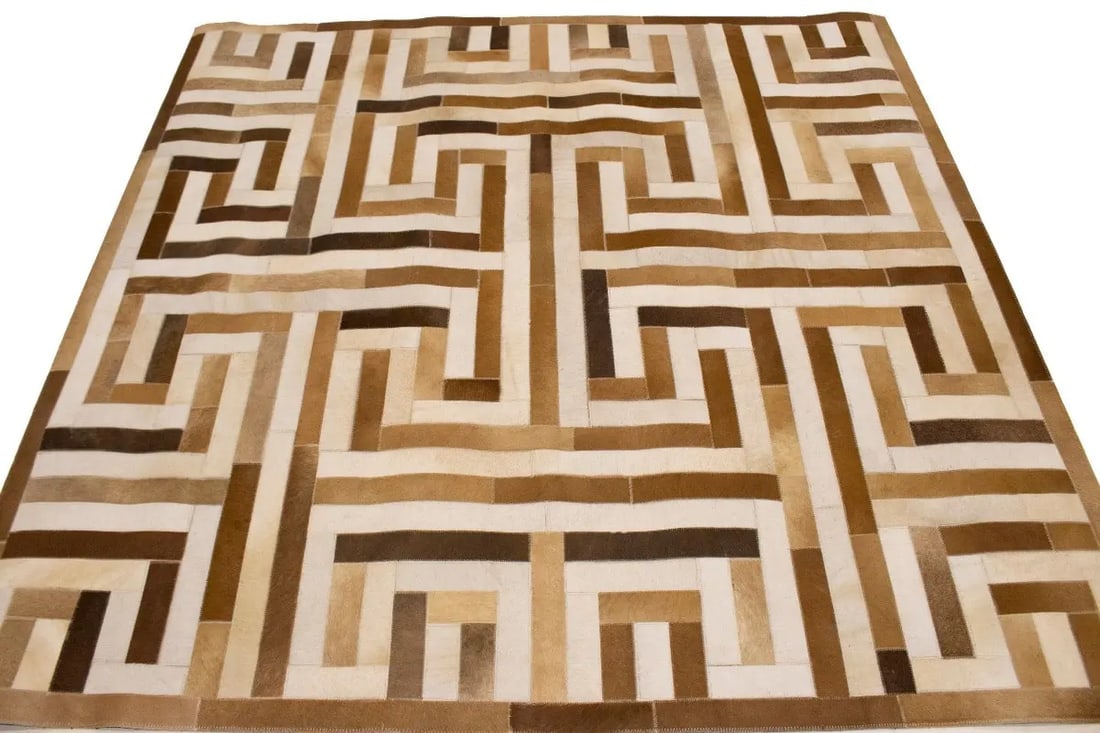 Brown Beige Cowhide 6X6 Modern Leather Square Rug - 7