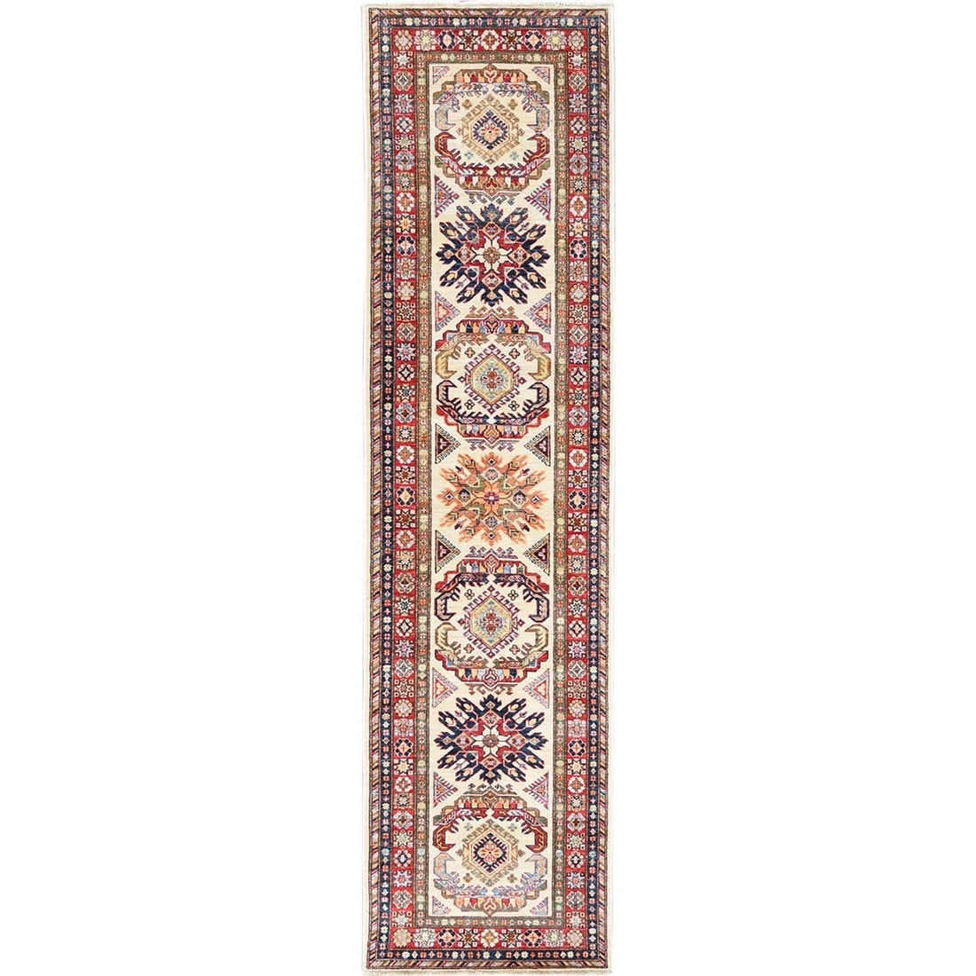Ivory Afghan Super Kazak Shiny Wool Hand Knotted Oriental Runner Rug: Title: Ivory Afghan Super Kazak Shiny Wool Hand Knotted Oriental Runner Rug Description:This is a truly genuine one-of-a-kind. It has been Knotted for months and months in the centuries-old weaving