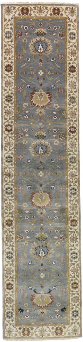 Blue-gray Floral Osh Chobi 3X13 Peshawar Oriental Runner Rug: Title: Blue-gray Floral Osh Chobi 3X13 Peshawar Oriental Runner Rug Description:Handmade 3X13 blue-gray oriental runner made with vegetable dyes (fine wool pile and cotton foundation), exceptional