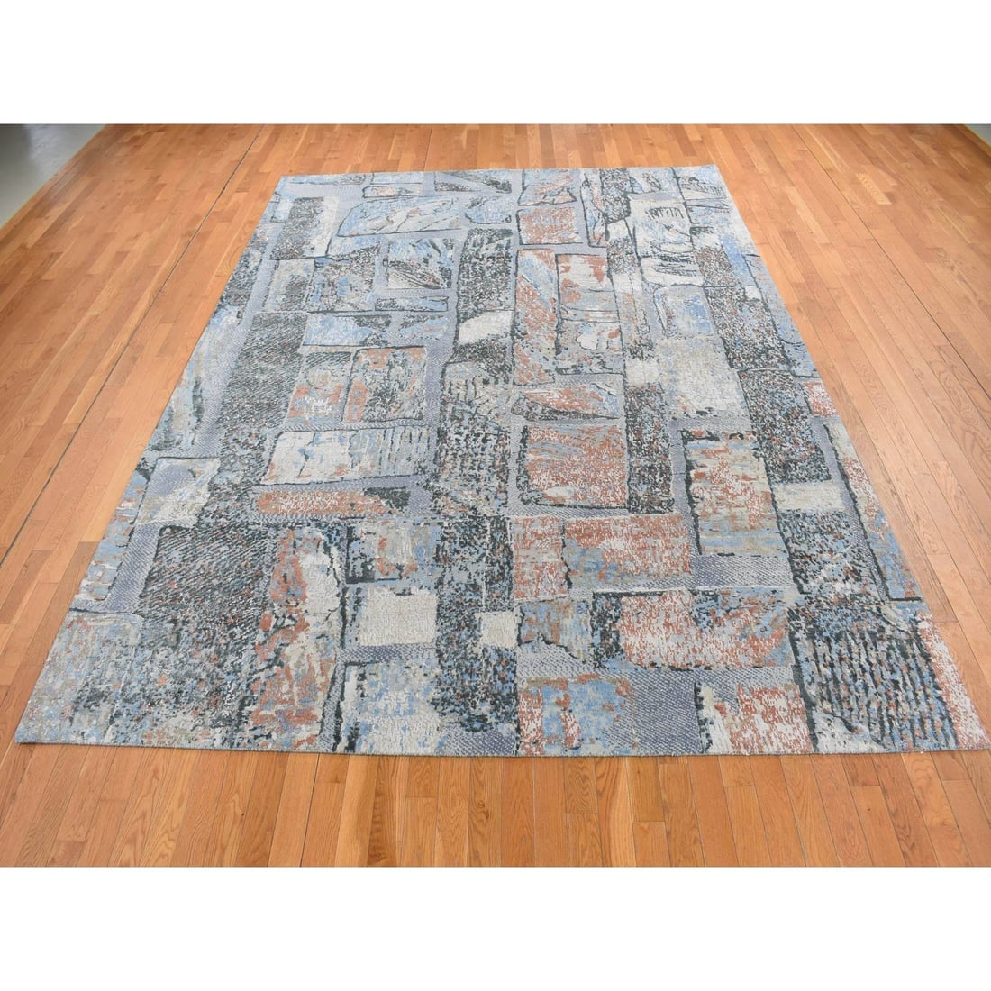 Ruddy Blue, Modern Brick Design, Hand Knotted, Wool and Silk Rug - 2