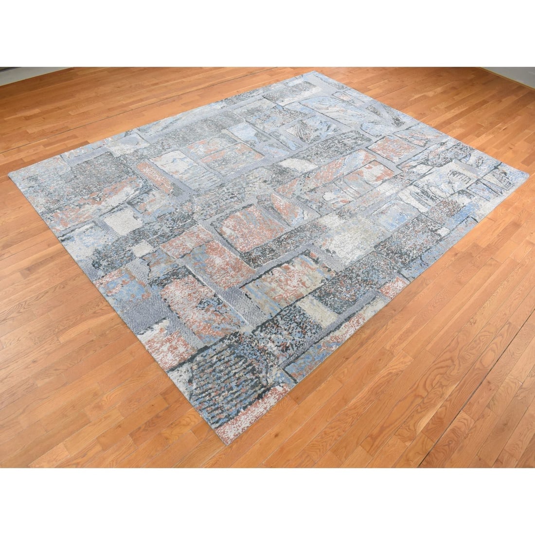 Ruddy Blue, Modern Brick Design, Hand Knotted, Wool and Silk Rug - 3