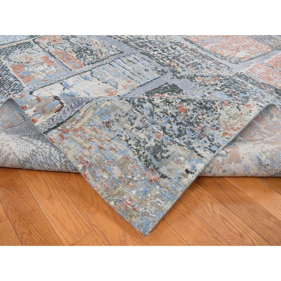 Ruddy Blue, Modern Brick Design, Hand Knotted, Wool and Silk Rug - 5