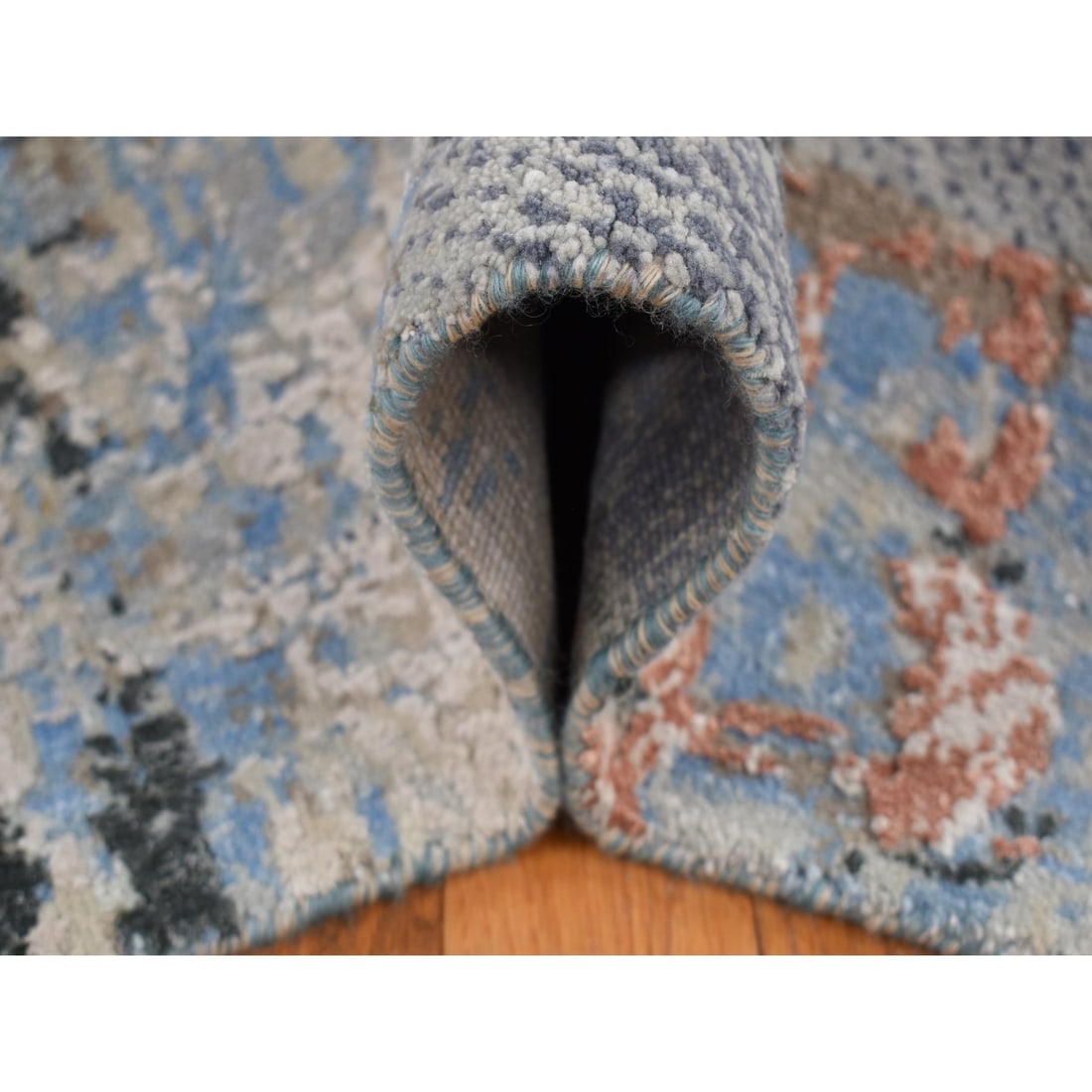 Ruddy Blue, Modern Brick Design, Hand Knotted, Wool and Silk Rug - 6
