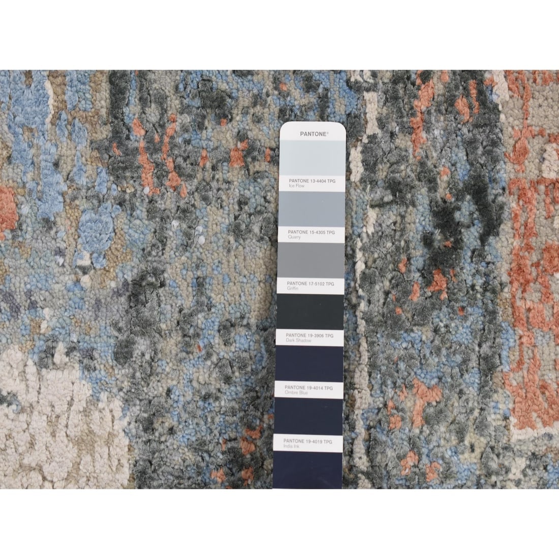 Ruddy Blue, Modern Brick Design, Hand Knotted, Wool and Silk Rug - 7