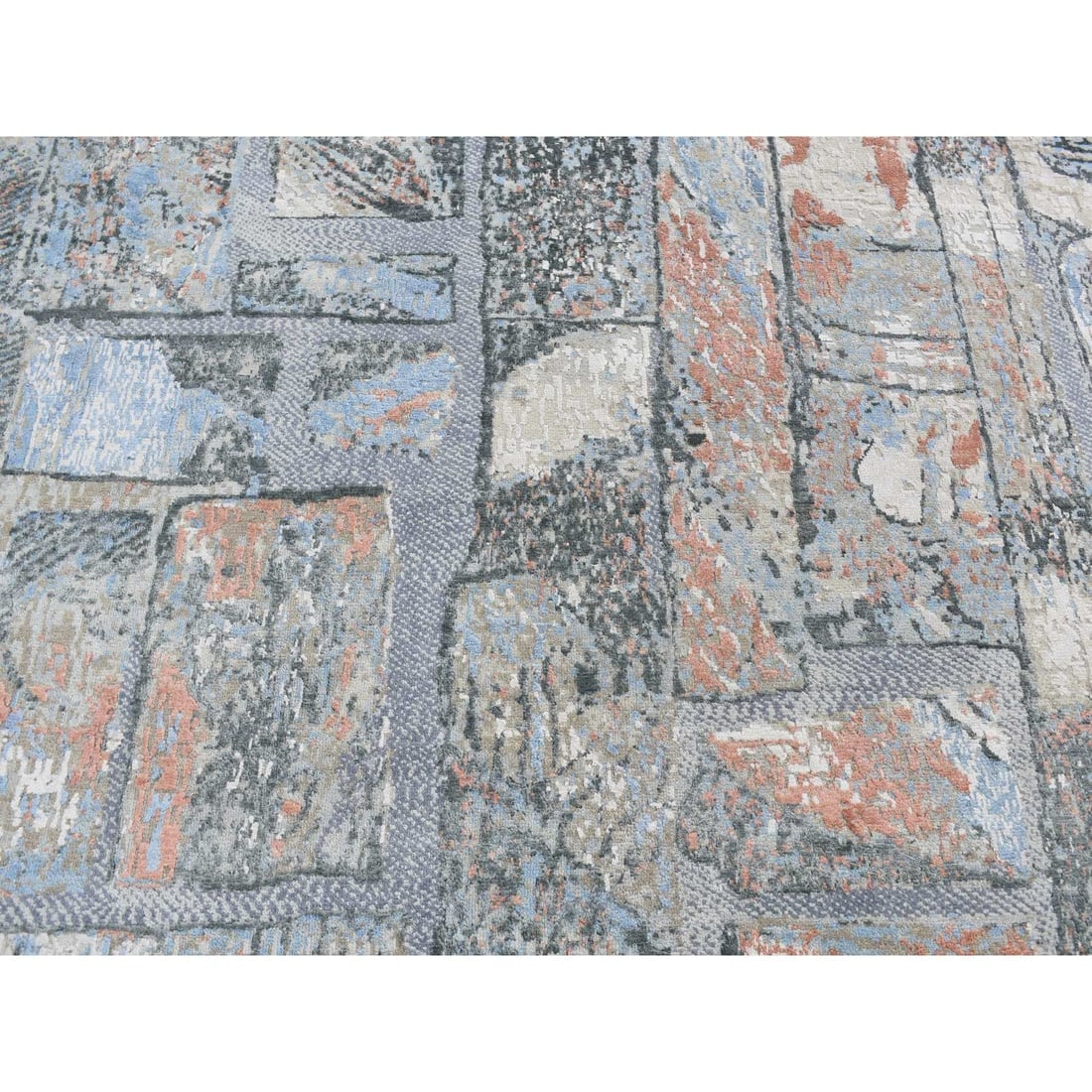 Ruddy Blue, Modern Brick Design, Hand Knotted, Wool and Silk Rug - 8