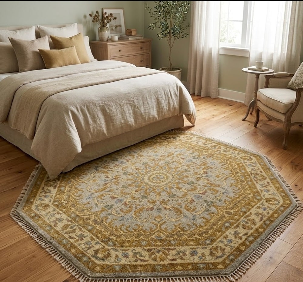 Tan and Gold Floral 6X6 Oushak Oriental Octagon Rug - 2