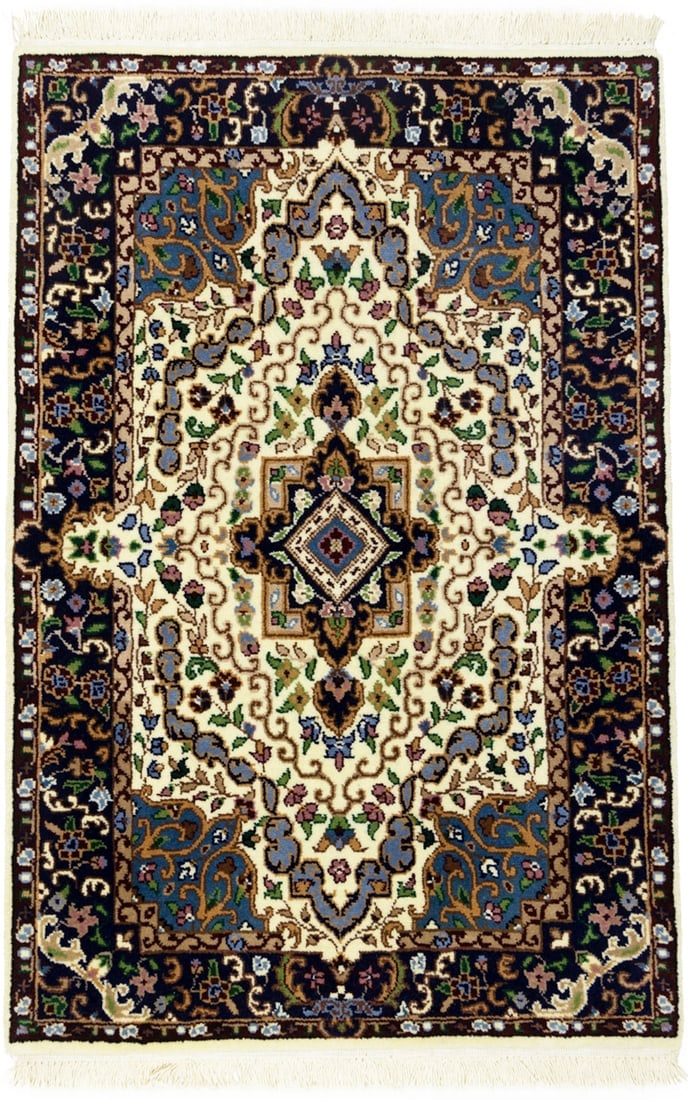 Cream and Navy Floral 3X4 Kirman Oriental Rug: Title: Cream and Navy Floral 3X4 Kirman Oriental Rug Description:Handmade 3X4 cream Oriental rug made with natural dyes (fine wool pile and cotton foundation), superior knot count, and appealing