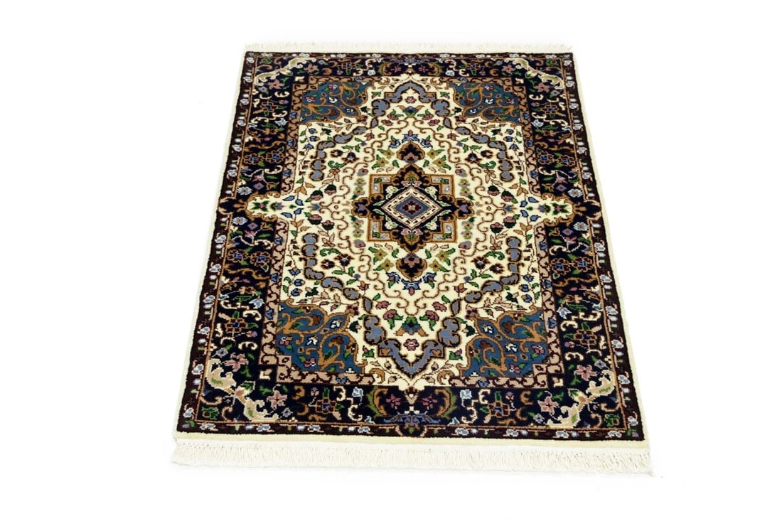Cream and Navy Floral 3X4 Kirman Oriental Rug - 2