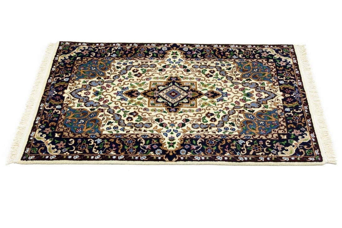 Cream and Navy Floral 3X4 Kirman Oriental Rug - 7