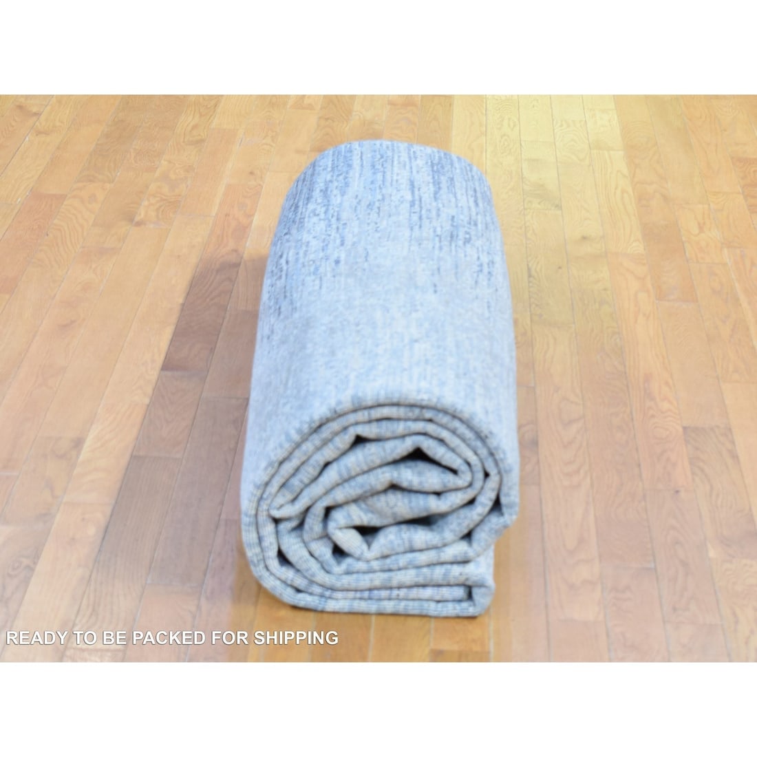 Horizontal Ombre Design Hand Knotted Denim Blue Wool and Pure Silk Rug - 10
