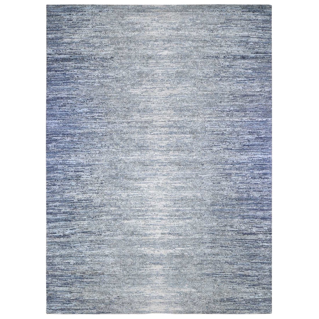 Horizontal Ombre Design Hand Knotted Denim Blue Wool and Pure Silk Rug: Title: Horizontal Ombre Design Hand Knotted Denim Blue Wool and Pure Silk Rug Description:This is a truly genuine one-of-a-kind. It has been Knotted for months and months in the centuries-old weaving