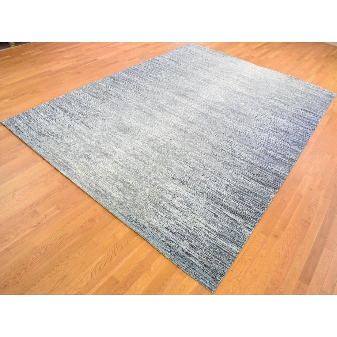 Horizontal Ombre Design Hand Knotted Denim Blue Wool and Pure Silk Rug - 2