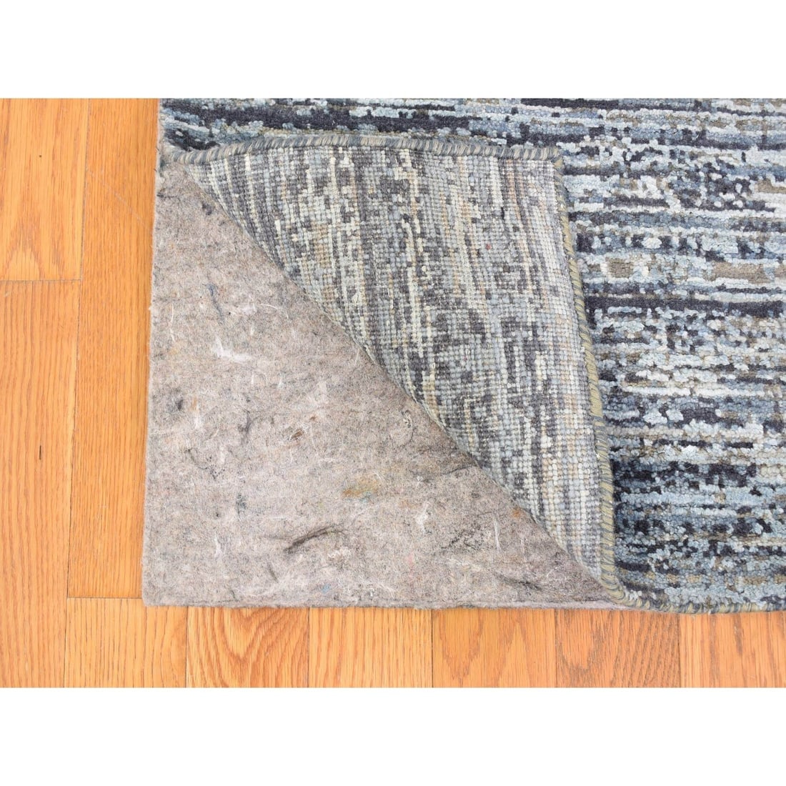 Horizontal Ombre Design Hand Knotted Denim Blue Wool and Pure Silk Rug - 3