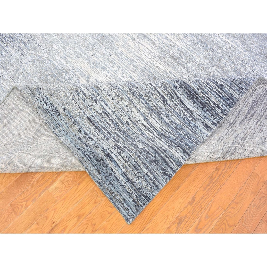 Horizontal Ombre Design Hand Knotted Denim Blue Wool and Pure Silk Rug - 5