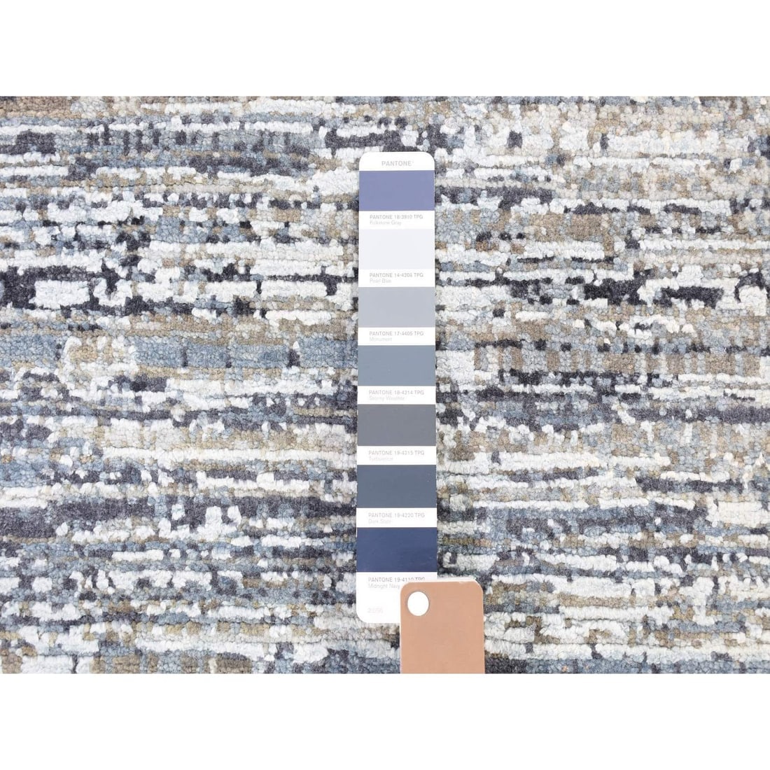 Horizontal Ombre Design Hand Knotted Denim Blue Wool and Pure Silk Rug - 6