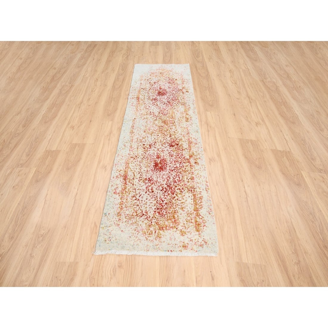 Hand Knotted Pink Persian Erased Design Wool and Pure Silk Runner Rug - 2