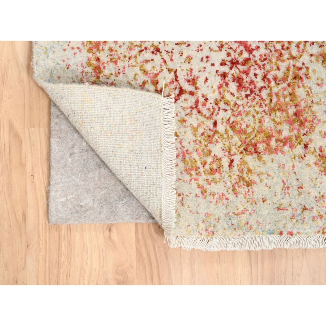 Hand Knotted Pink Persian Erased Design Wool and Pure Silk Runner Rug - 3