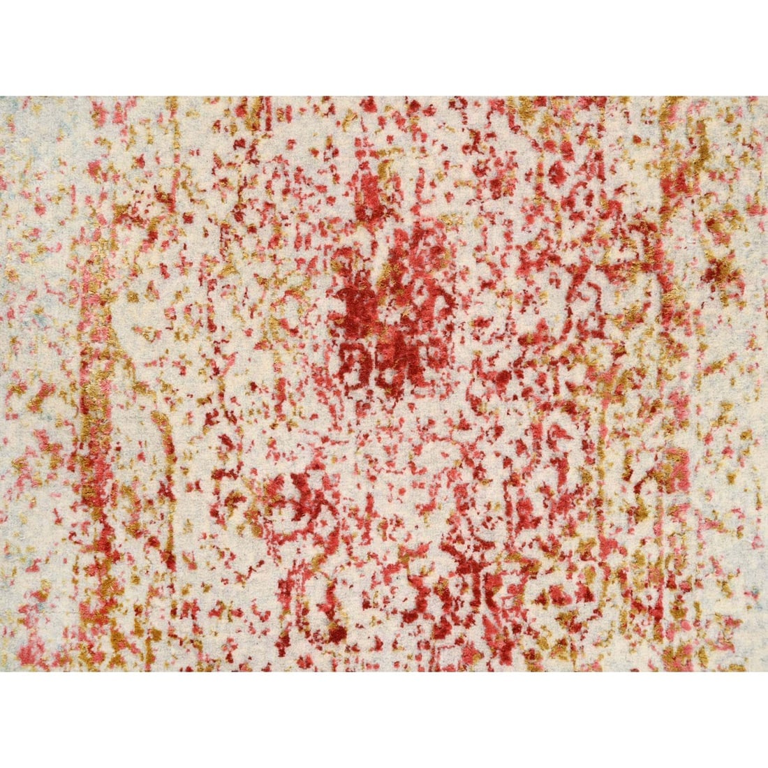 Hand Knotted Pink Persian Erased Design Wool and Pure Silk Runner Rug - 5