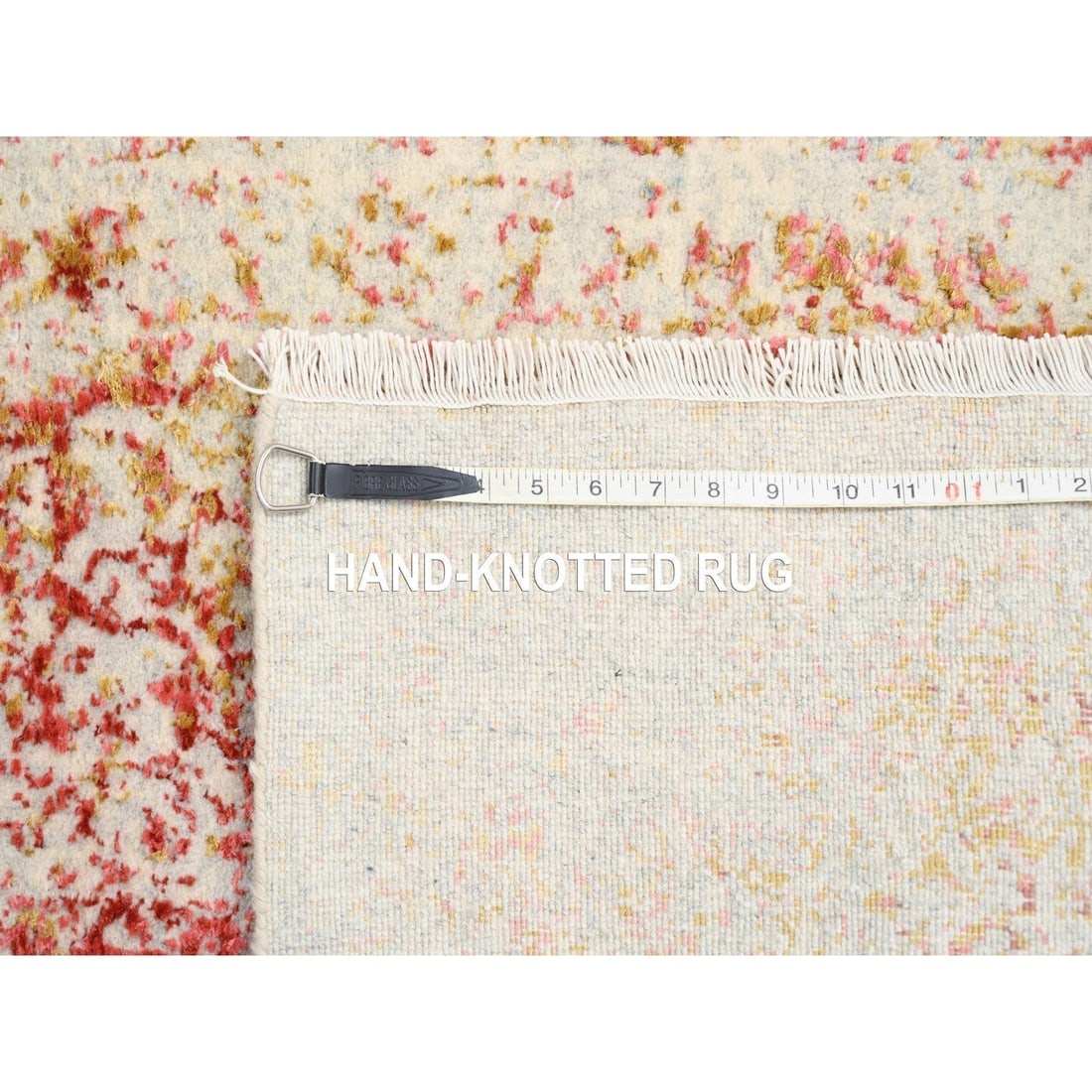 Hand Knotted Pink Persian Erased Design Wool and Pure Silk Runner Rug - 8
