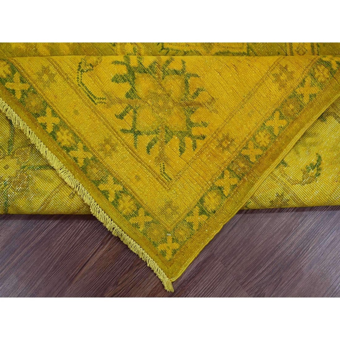 Golden Yellow Overdyed Kazak Medallions Design Wool Hand Knotted Rug - 6