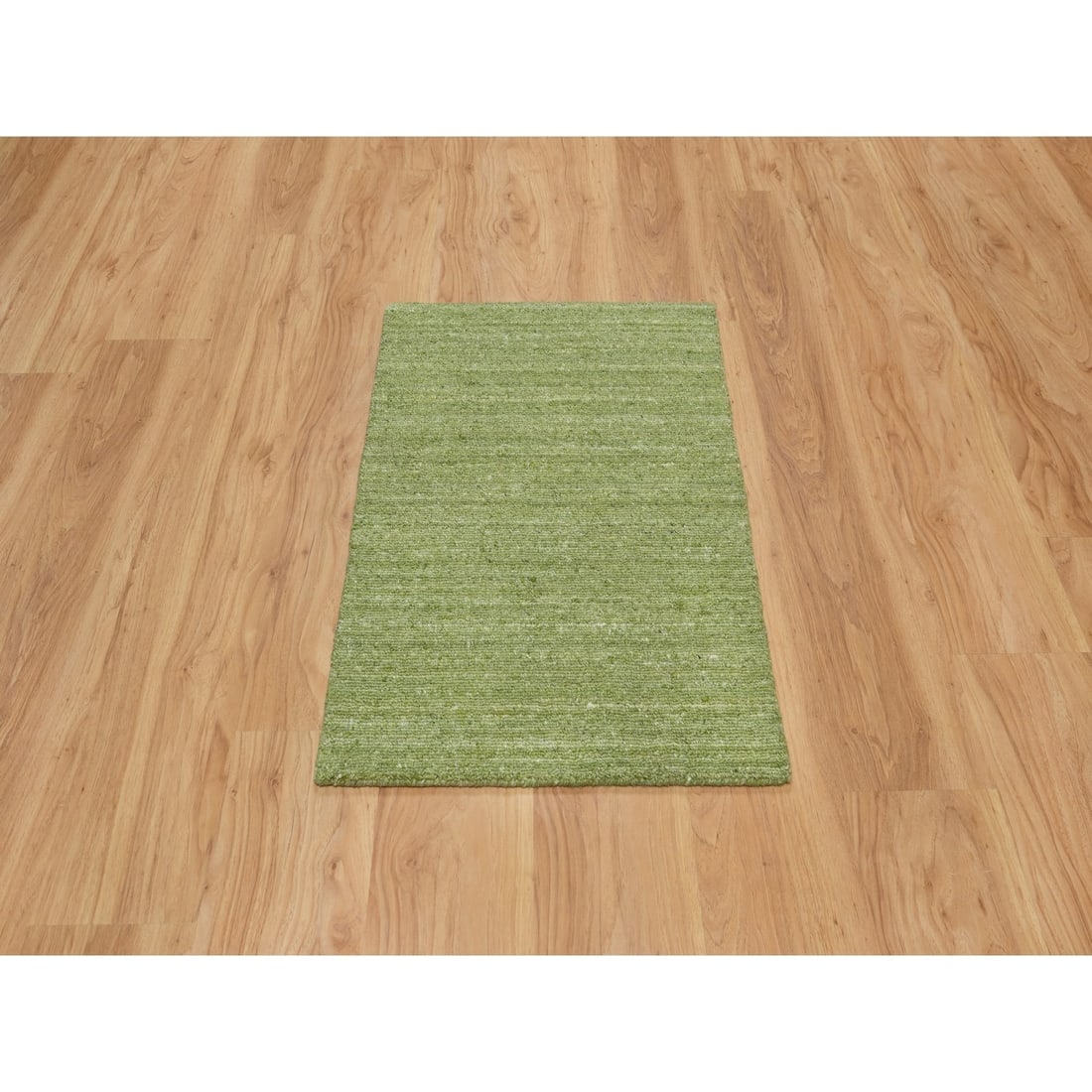Green Plain Modern Striae Design Soft Pile Pure Wool Hand Loomed Rug - 2