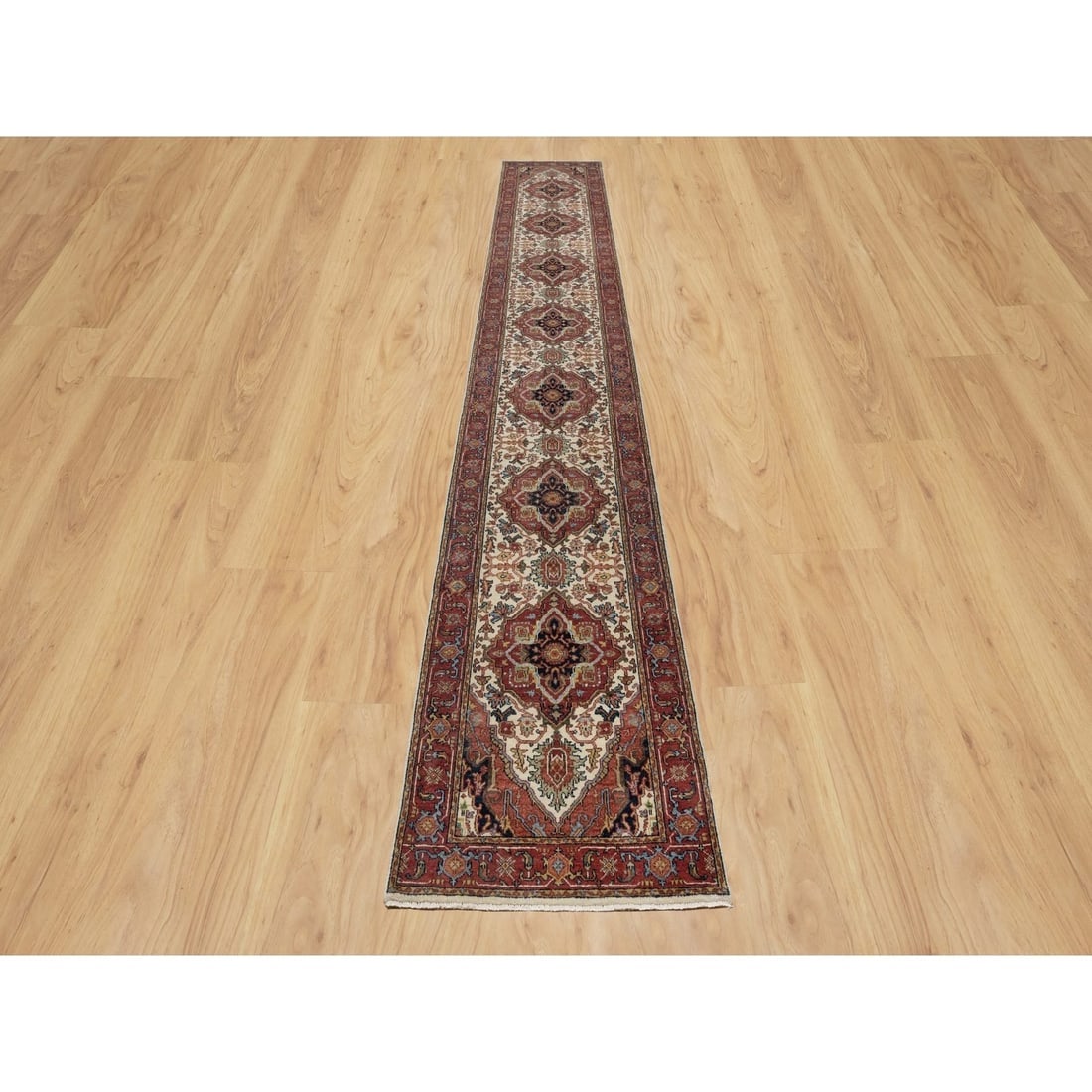 Ivory Wool Heris Re-Creation Large Motifs Hand Knotted XL Runner Rug - 2