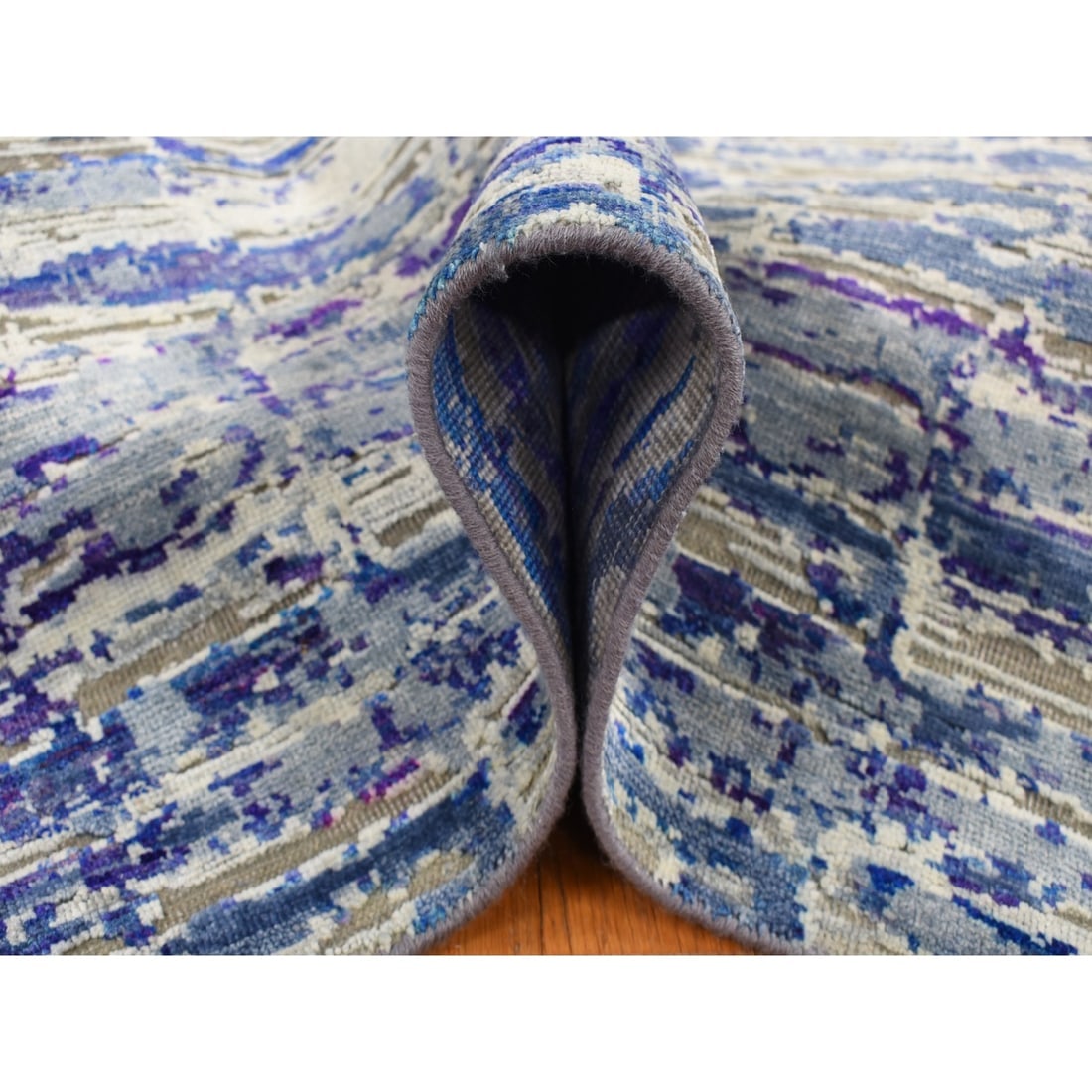 Yale Blue, Diminishing Bricks Design, Sari Silk, Hand Knotted Rug - 6