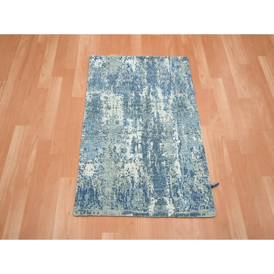 Blue Abstract Design Denser Weave Wool and Real Silk Hand Knotted Rug - 2