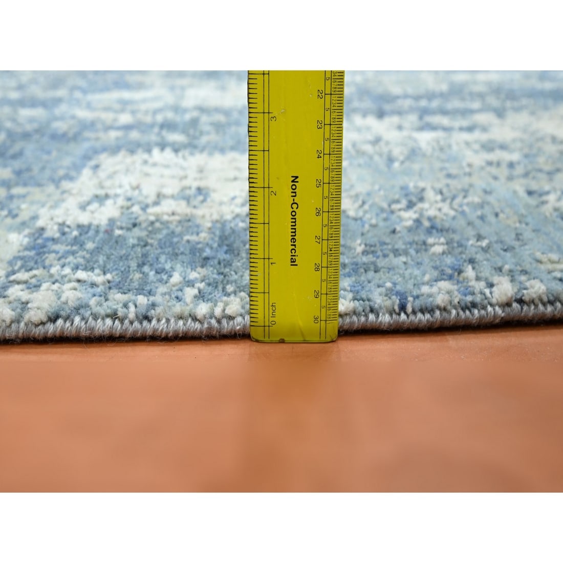 Blue Abstract Design Denser Weave Wool and Real Silk Hand Knotted Rug - 3
