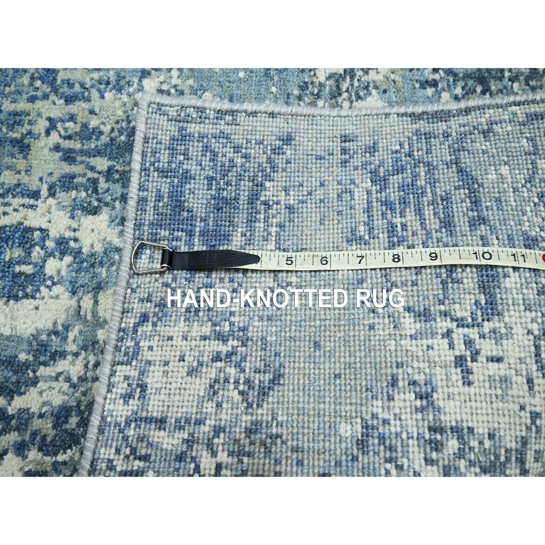 Blue Abstract Design Denser Weave Wool and Real Silk Hand Knotted Rug - 4
