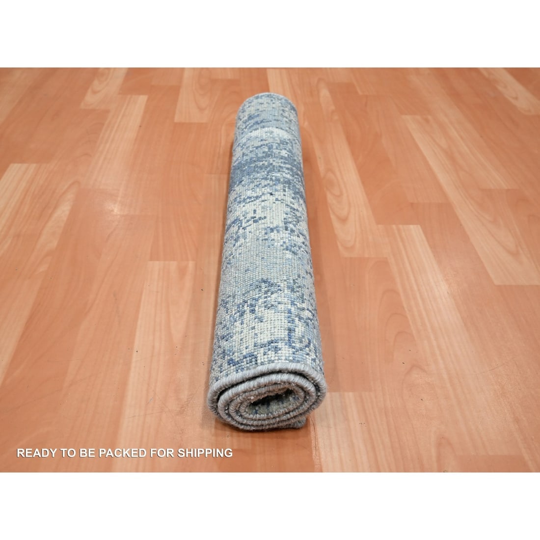 Blue Abstract Design Denser Weave Wool and Real Silk Hand Knotted Rug - 5