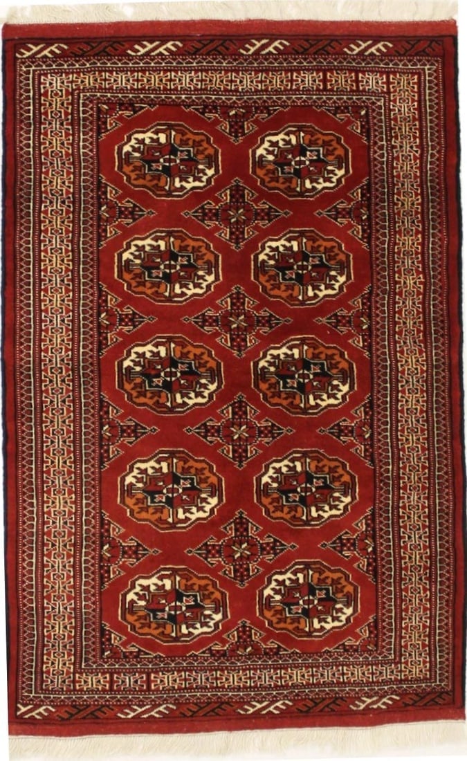 Red Tribal 3X5 Turkoman Persian Rug: Title: Red Tribal 3X5 Turkoman Persian Rug Description:A Wool Turkoman Area Rug showcasing a Red color will add a pop of color to any interior room design. This Beautiful Turkoman Hand Knotted