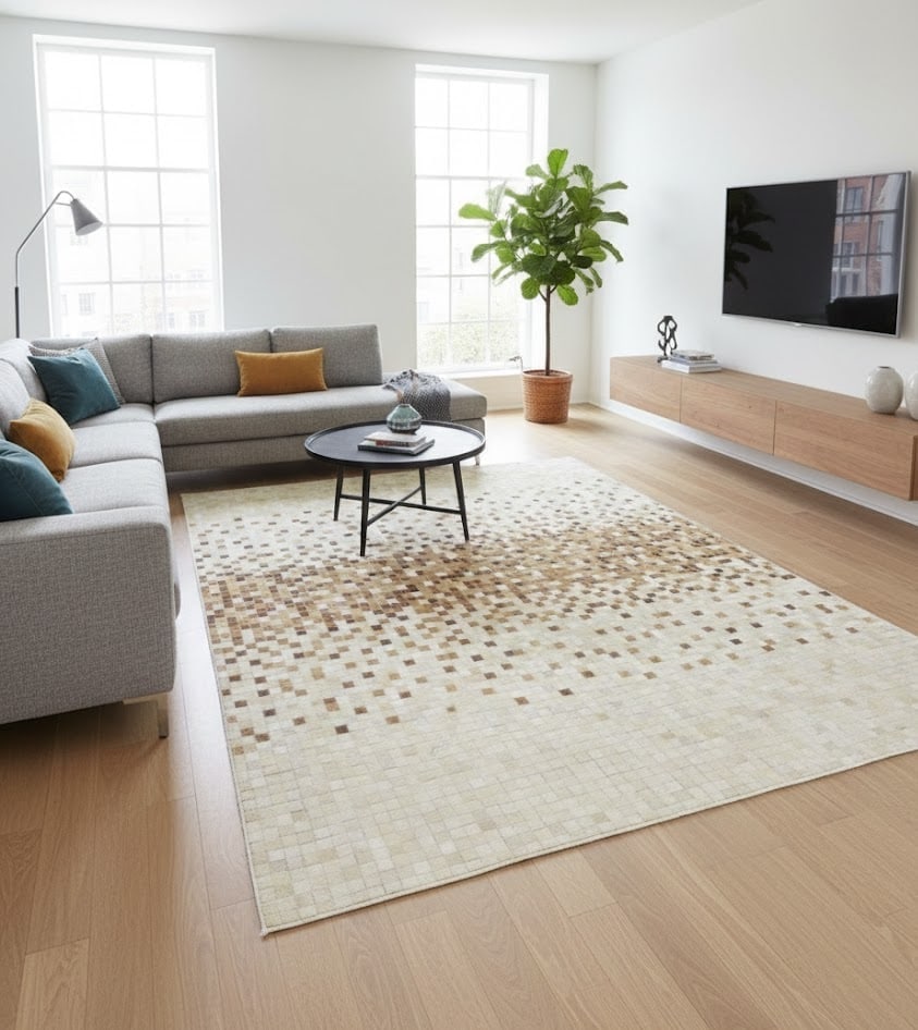 Beige Brown Cowhide 8X10 Modern Leather Rug - 2